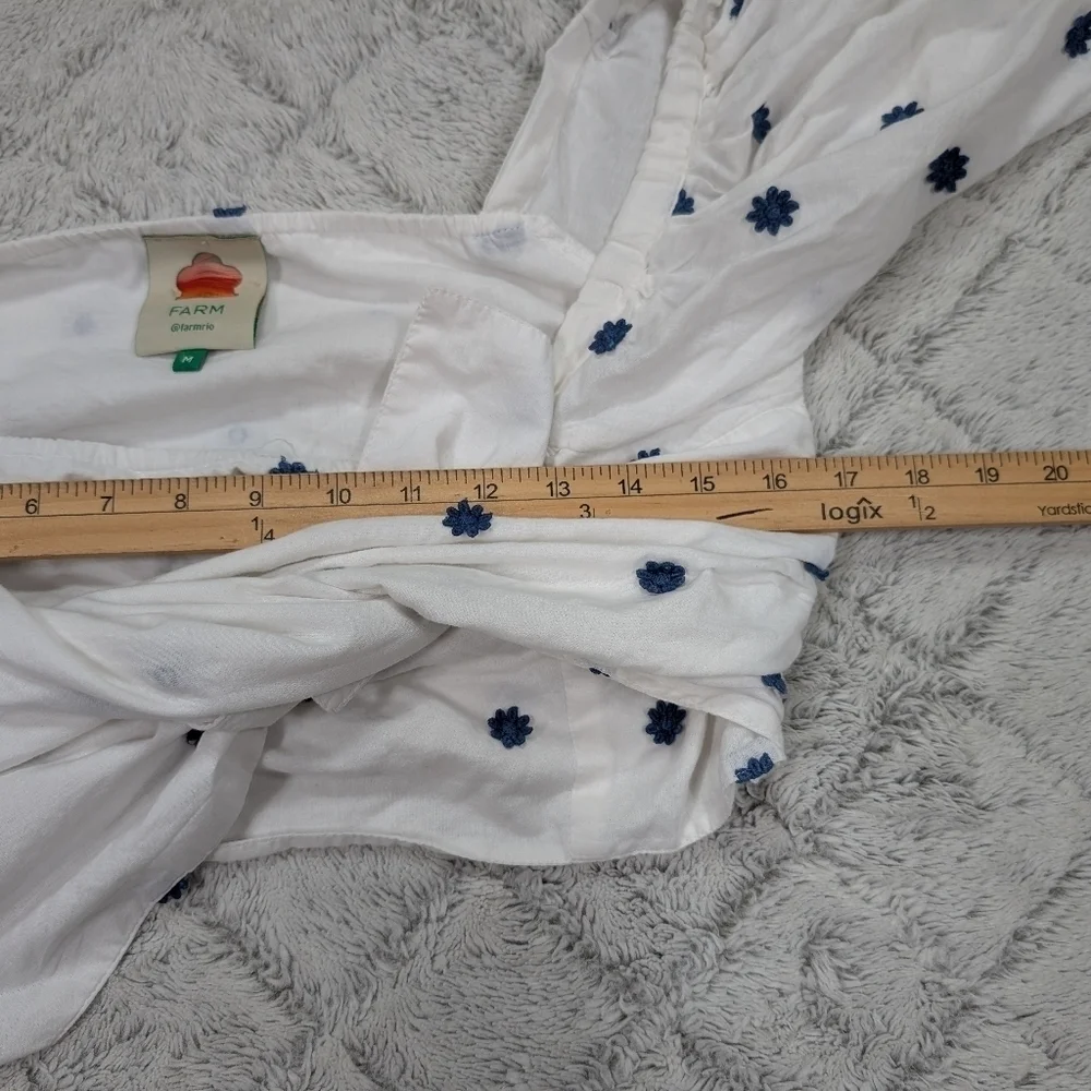 Farm Rio Top Womens S White Blue Flowers Embroidery Crop Puff Sleeve Beach